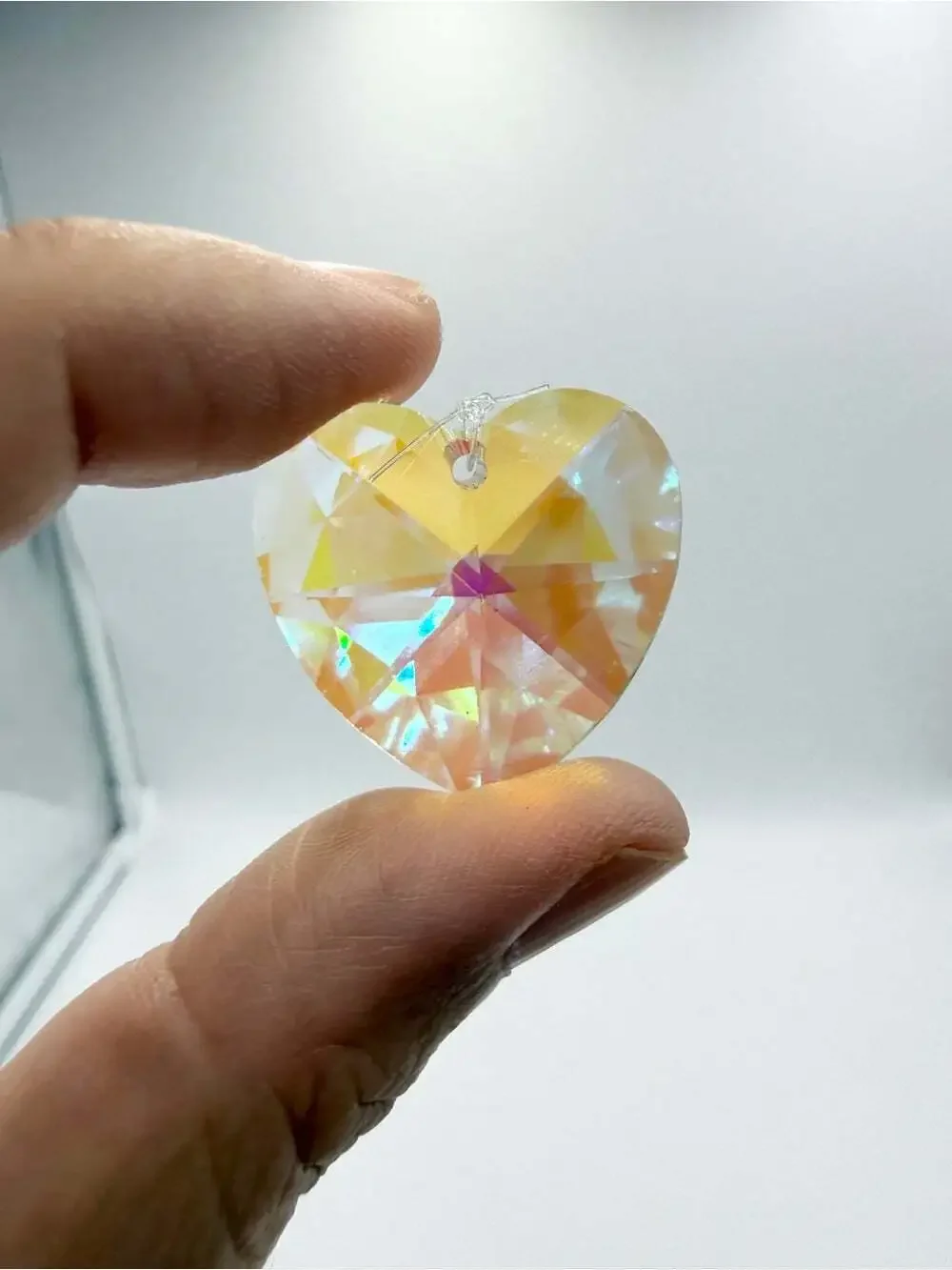 Faceted Aurora Borealis Crystal Heart Pendant – Iridescent Prism Suncatcher